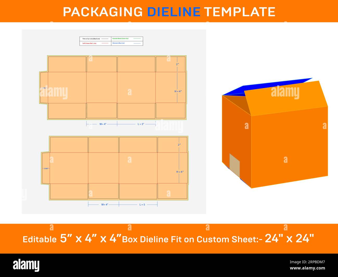 Regular Slotted Container RSC Box, Die line Template, 5x4x4 Stock