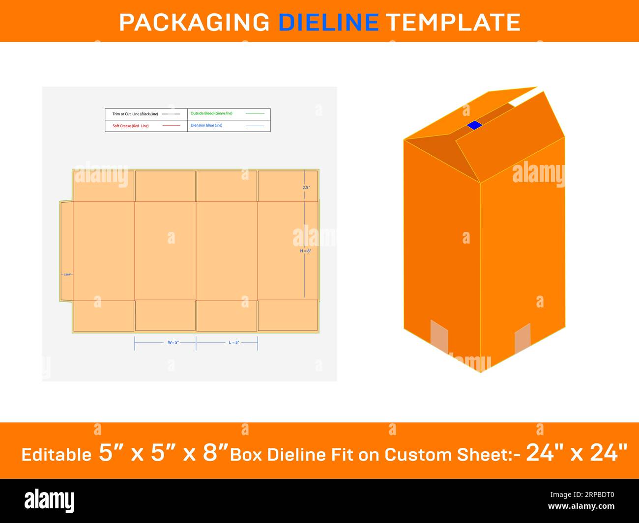 5x5x8 Regular Slotted Container RSC Box, Die line Template Stock Vector
