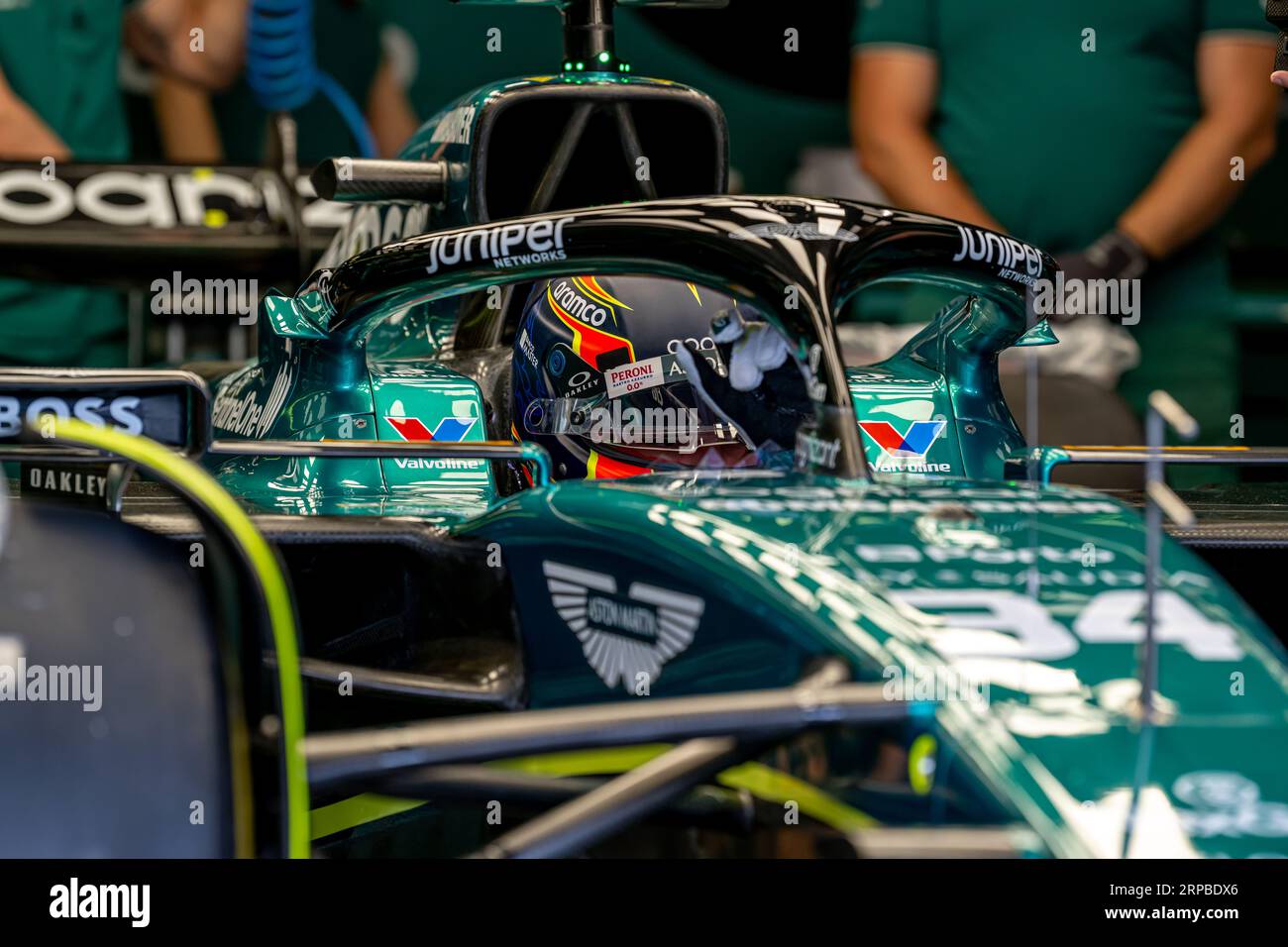 MONZA CIRCUIT, ITALY - SEPTEMBER 01: Felipe Drugovich, Aston Martin F1 AMR23 during the Italian Grand Prix at Monza Circuit on Friday September 01, 2023 in Monza, Italy. (Photo by Michael Potts/BSR Agency) Stock Photo