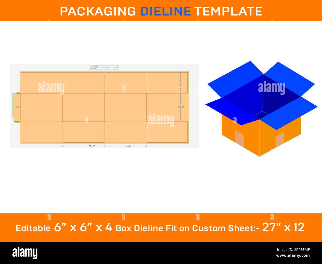 RSC Vector Shipping Carton Box, Die line Template, 6x6x4 inch Stock