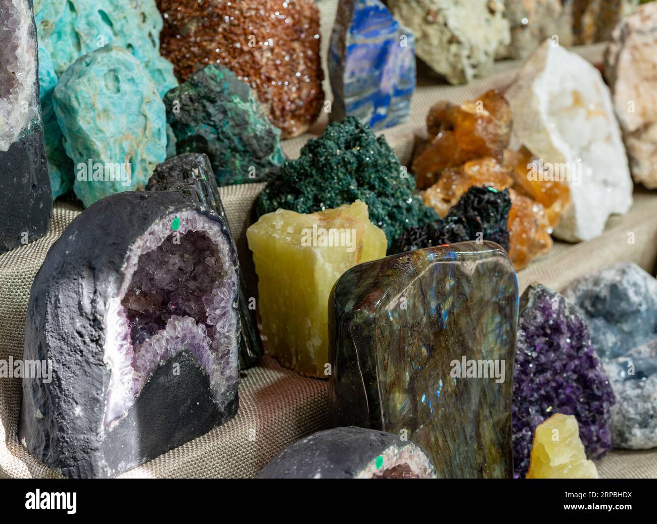 Minerals and gemstones for sale at a market Stock Photo