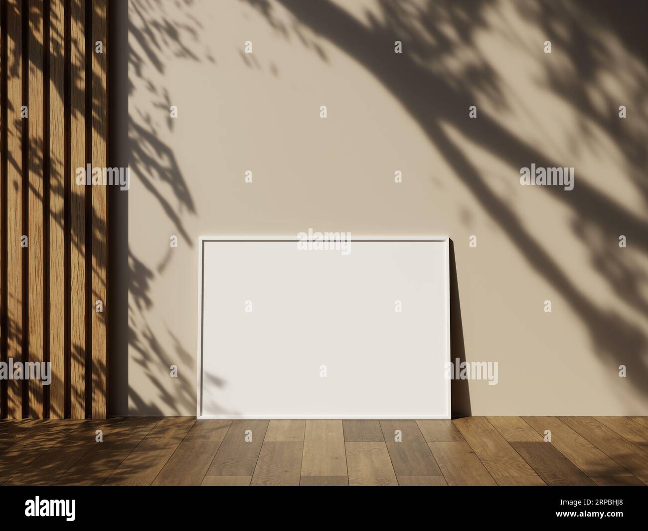 Frame mockup on wooden floor with white wall and leaves shadow Stock Photo