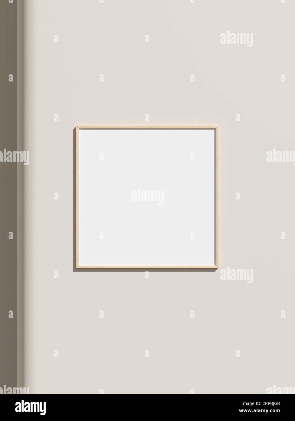 Thin rectangular frame hanging on a white textured wall mockup. Stock Photo