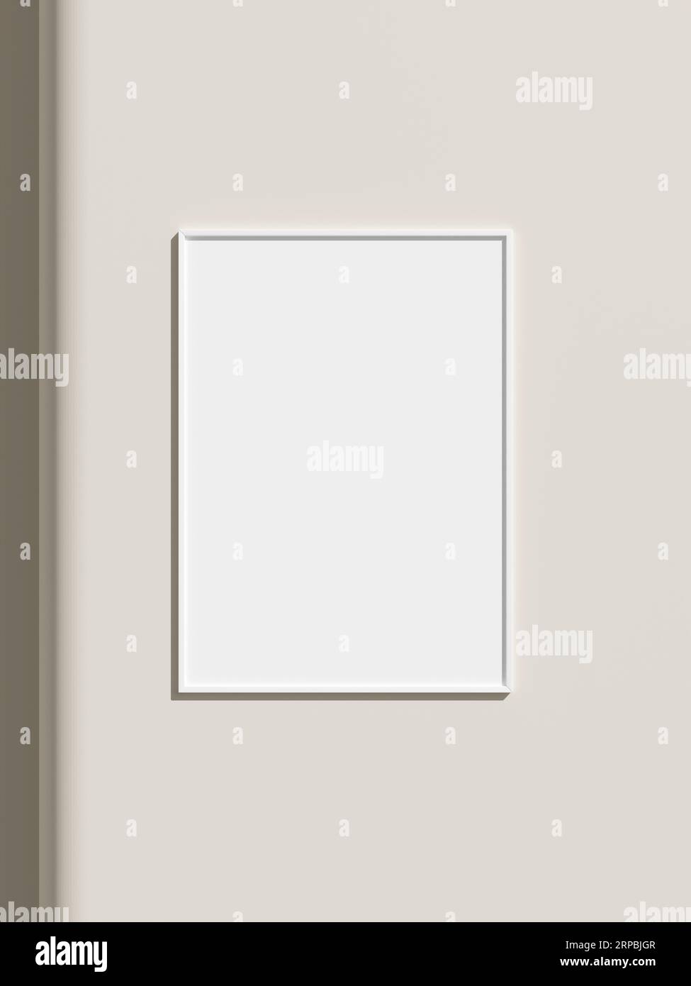 Thin rectangular frame hanging on a white textured wall mockup. Stock Photo