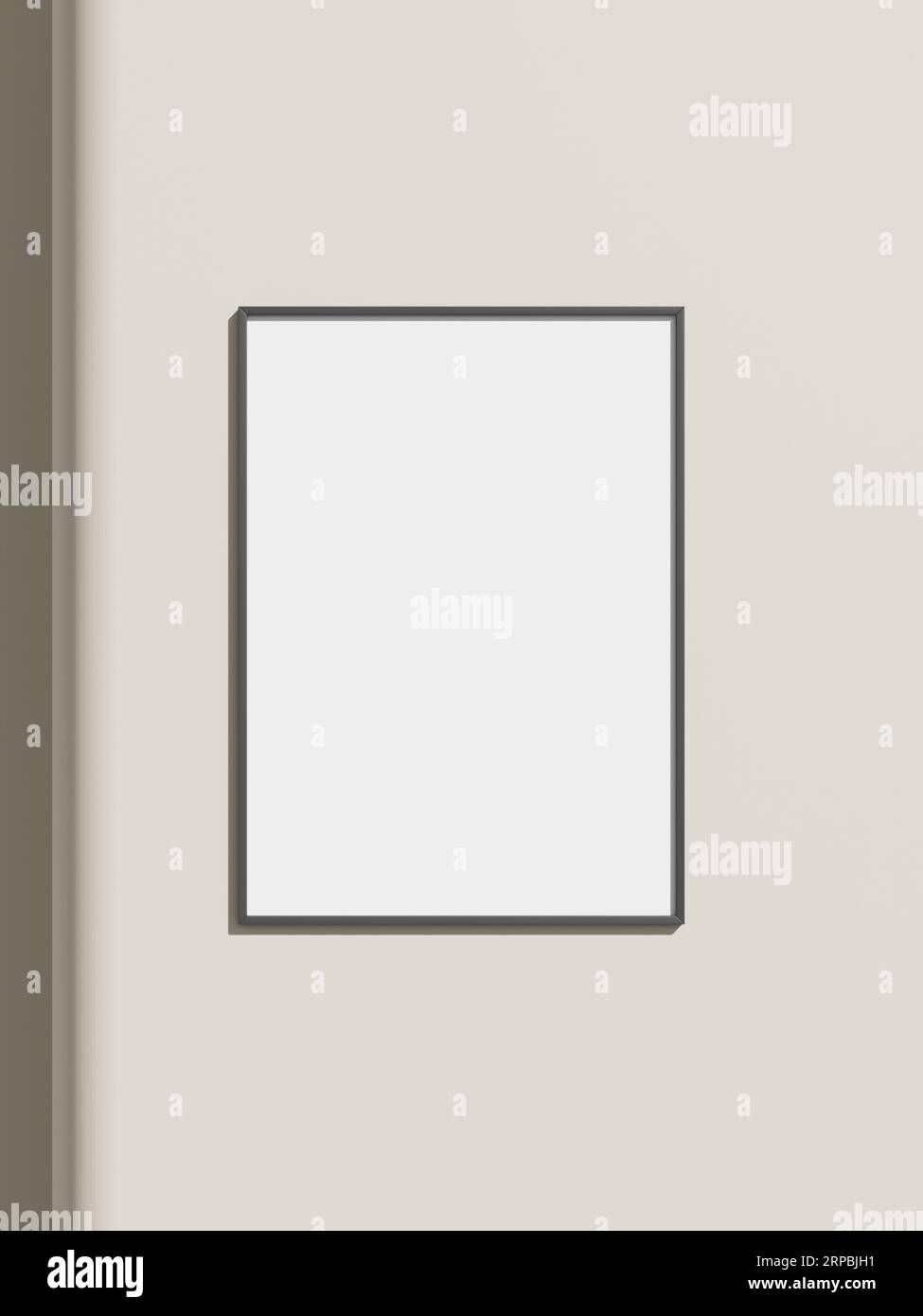 Thin rectangular frame hanging on a white textured wall mockup. Stock Photo