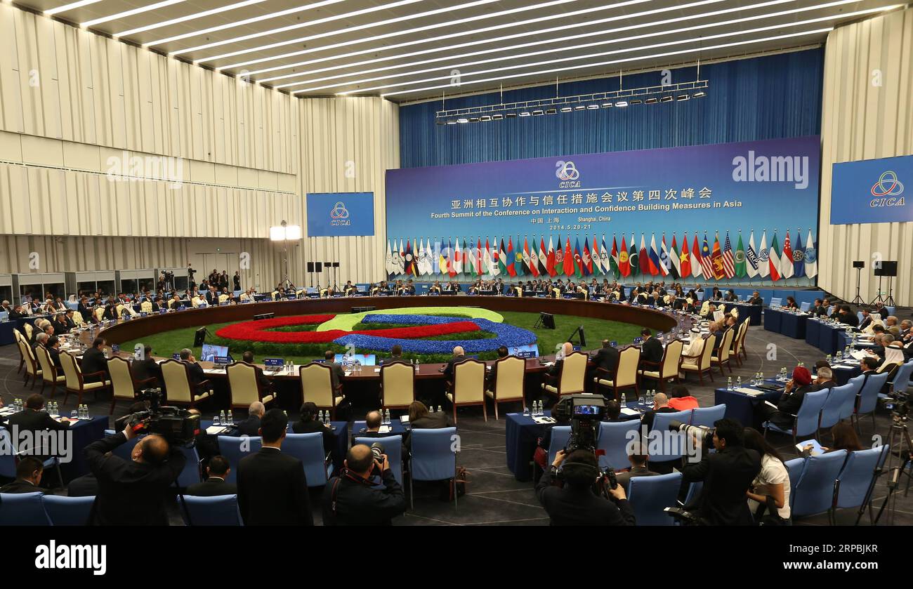(190610) -- BEIJING, June 10, 2019 (Xinhua) -- The opening session of the fourth summit of the Conference on Interaction and Confidence Building Measures in Asia (CICA) is held in east China s Shanghai, May 21, 2014. (Xinhua/Pang Xinglei) Xinhua Headlines: Xi s neighborhood diplomacy to forge closer community with shared future PUBLICATIONxNOTxINxCHN Stock Photo