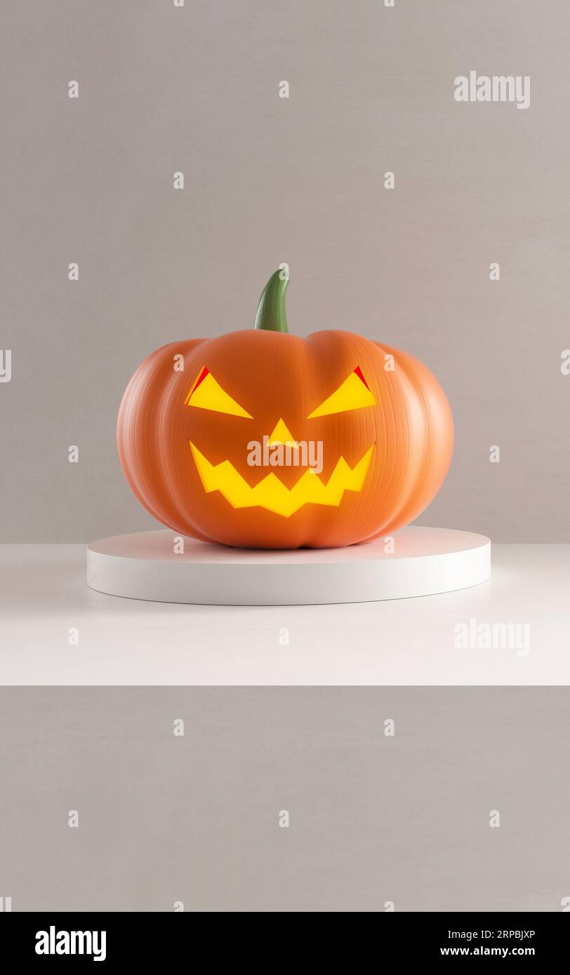 Halloween jack o lantern pumpkin on orange studio background. 3d ...