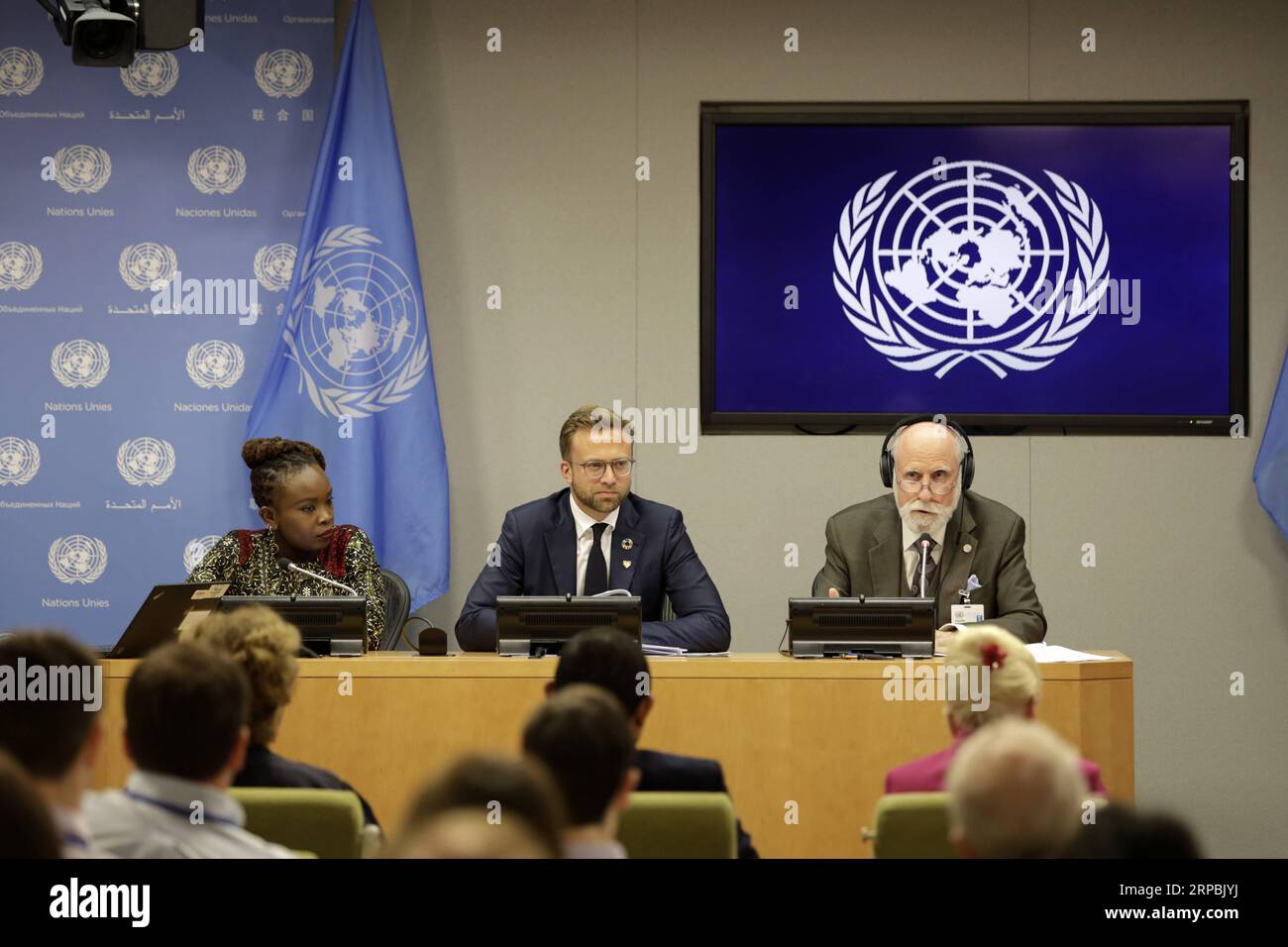 (190610) -- UNITED NATIONS, June 10, 2019 -- (From L to R) Nanjira Sambuli, Digital Equality Advocacy Manager for the World Wide Web Foundation, Nikolai Astrup, Norway s Minister of Digitalization, and Vinton Cerf, Chief Internet Evangelist at Google, attend a press briefing on the report of the High-level Panel on Digital Cooperation, at the UN headquarters in New York, on June 10, 2019. An expert group appointed by the United Nations called on governments, the private sector and civil society, in its first report released Monday, to work together urgently to maximize the benefits and minimiz Stock Photo