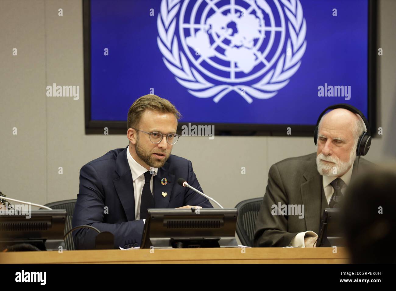 (190610) -- UNITED NATIONS, June 10, 2019 -- Nikolai Astrup (L), Norway s Minister of Digitalization, speaks during a press briefing on the report of the High-level Panel on Digital Cooperation, at the UN headquarters in New York, on June 10, 2019. An expert group appointed by the United Nations called on governments, the private sector and civil society, in its first report released Monday, to work together urgently to maximize the benefits and minimize the harms of digital technologies. ) UN-HIGH-LEVEL PANEL ON DIGITAL COOPERATION-PRESS BRIEFING LixMuzi PUBLICATIONxNOTxINxCHN Stock Photo