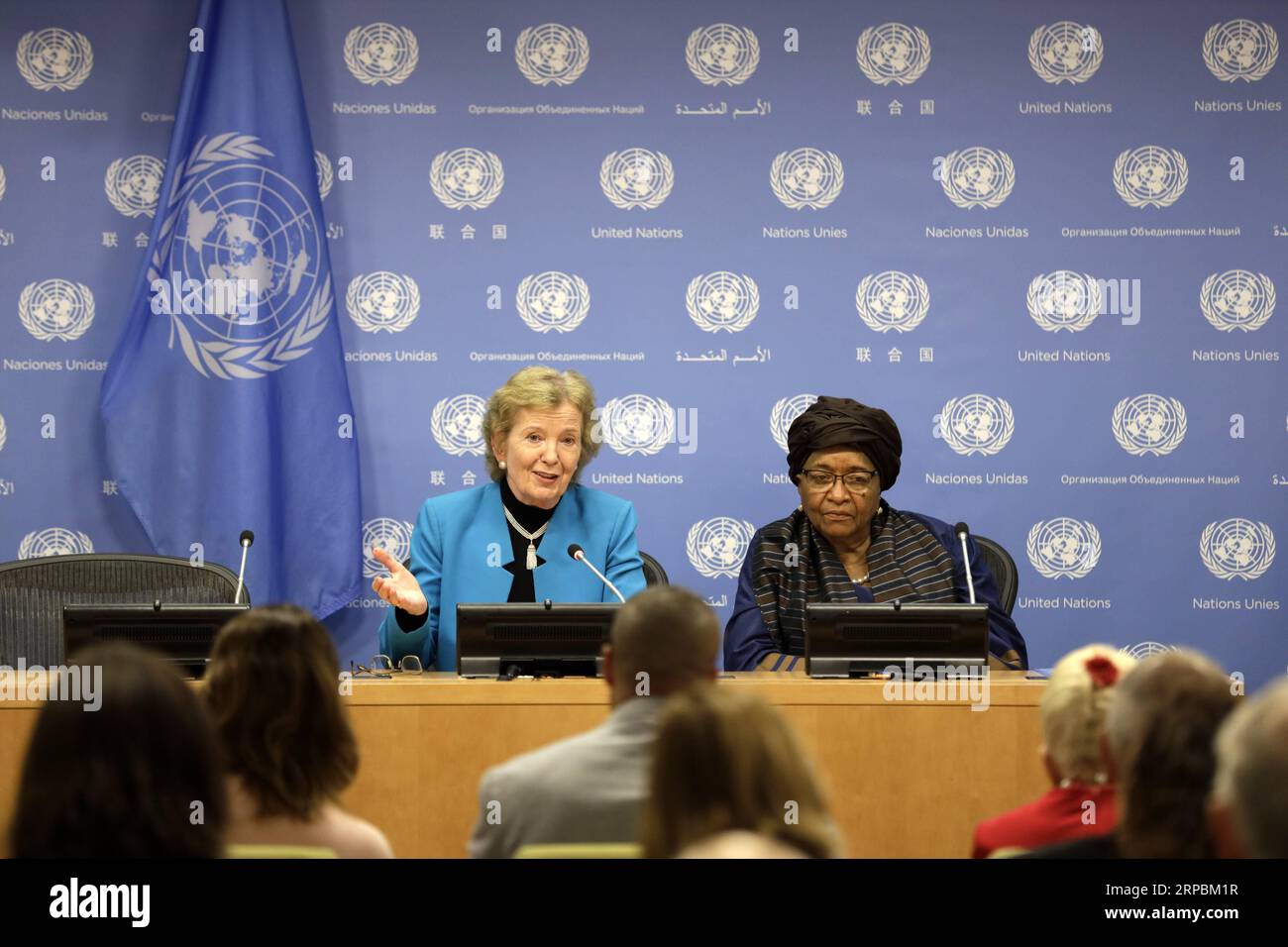 (190612) -- UNITED NATIONS, June 12, 2019 -- Mary Robinson (L), chair of The Elders, speaks to journalists during a press briefing at the UN headquarters in New York, June 11, 2019. Mary Robinson warned on Tuesday against a nuclear fiasco, as due attention is not being paid to the issue. We are nearer to the Doomsday Clock (midnight) than we have ever been, and yet somehow it is not an issue that has taken hold in people s sense of what are the pending crises in our world, she said, referring to a symbol that represents the likelihood of a man-made global catastrophe. ) UN-PRESS BRIEFING-THE E Stock Photo
