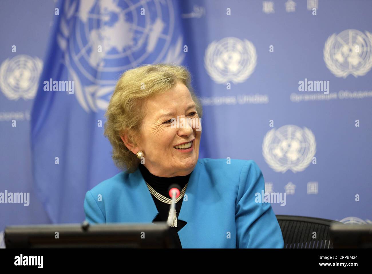 (190612) -- UNITED NATIONS, June 12, 2019 -- Mary Robinson, chair of The Elders, reacts during a press briefing at the UN headquarters in New York, June 11, 2019. Mary Robinson warned on Tuesday against a nuclear fiasco, as due attention is not being paid to the issue. We are nearer to the Doomsday Clock (midnight) than we have ever been, and yet somehow it is not an issue that has taken hold in people s sense of what are the pending crises in our world, she said, referring to a symbol that represents the likelihood of a man-made global catastrophe. ) UN-PRESS BRIEFING-THE ELDERS LixMuzi PUBLI Stock Photo