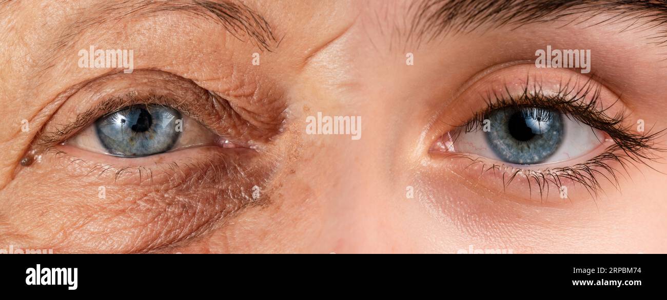 Concept of female aging. Eyes of a senior and young woman. High quality photo Stock Photo