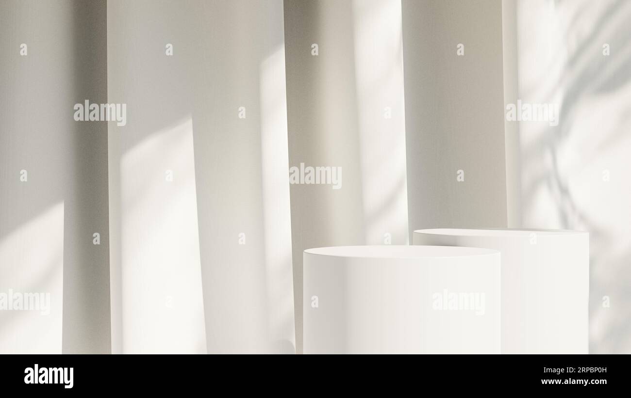 White product display podium background with sun light leaves shadow ...