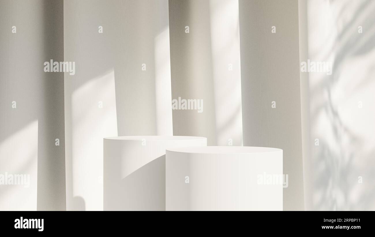 White product display podium background with sun light leaves shadow ...