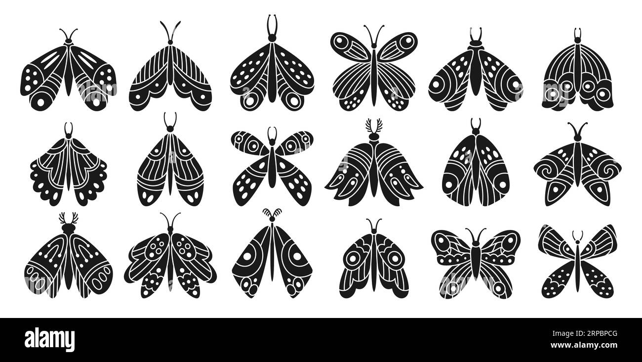 Butterfly or moth mystical doodle boho stamp set. Retro bohemian