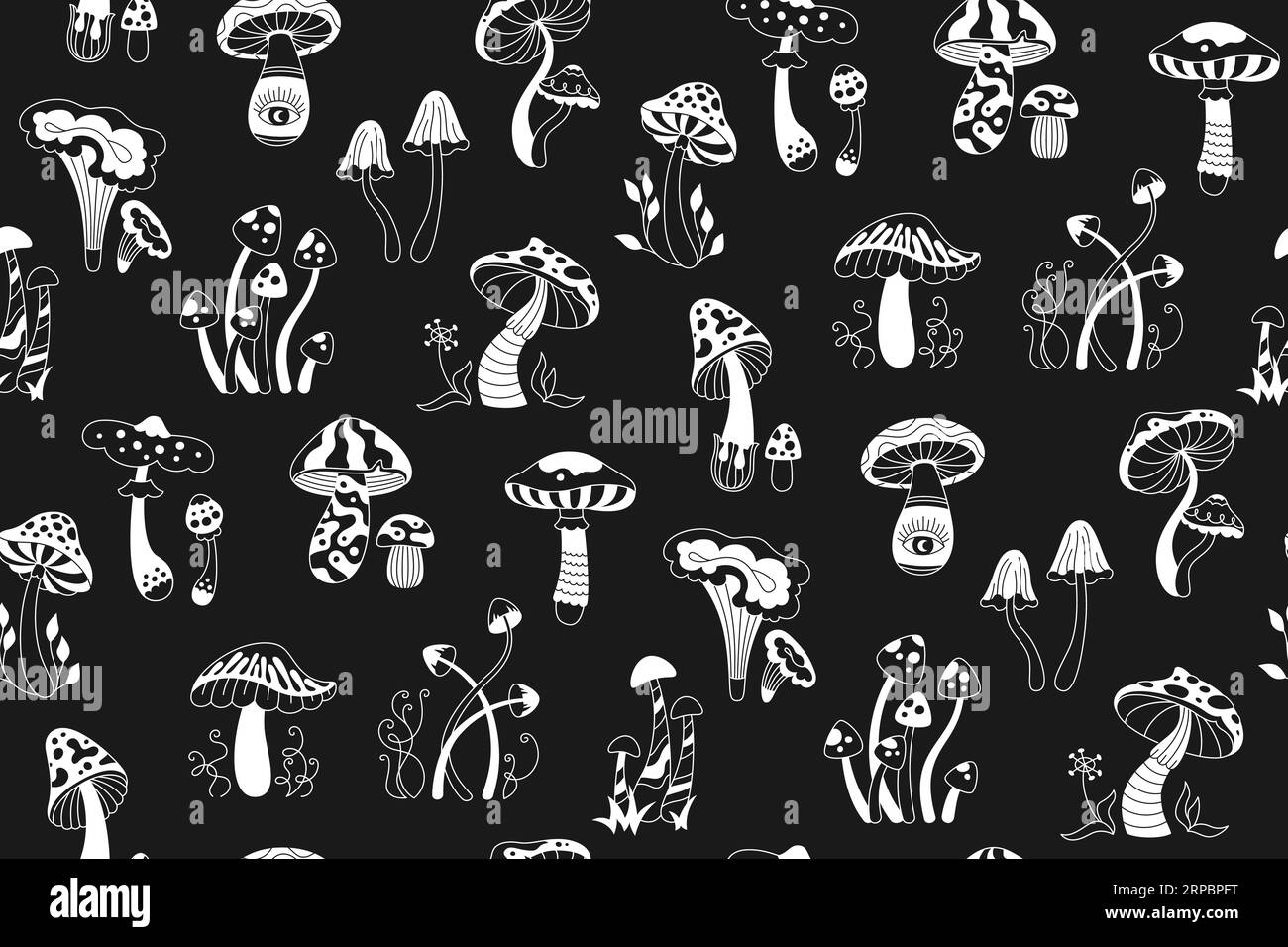 Mushrooms boho magic seamless pattern. Poisonous psychedelic mushroom black and white endless background, doodle style wrapper. Magic fungus repeat ornament template for fabric flyer, card, postcard Stock Vector