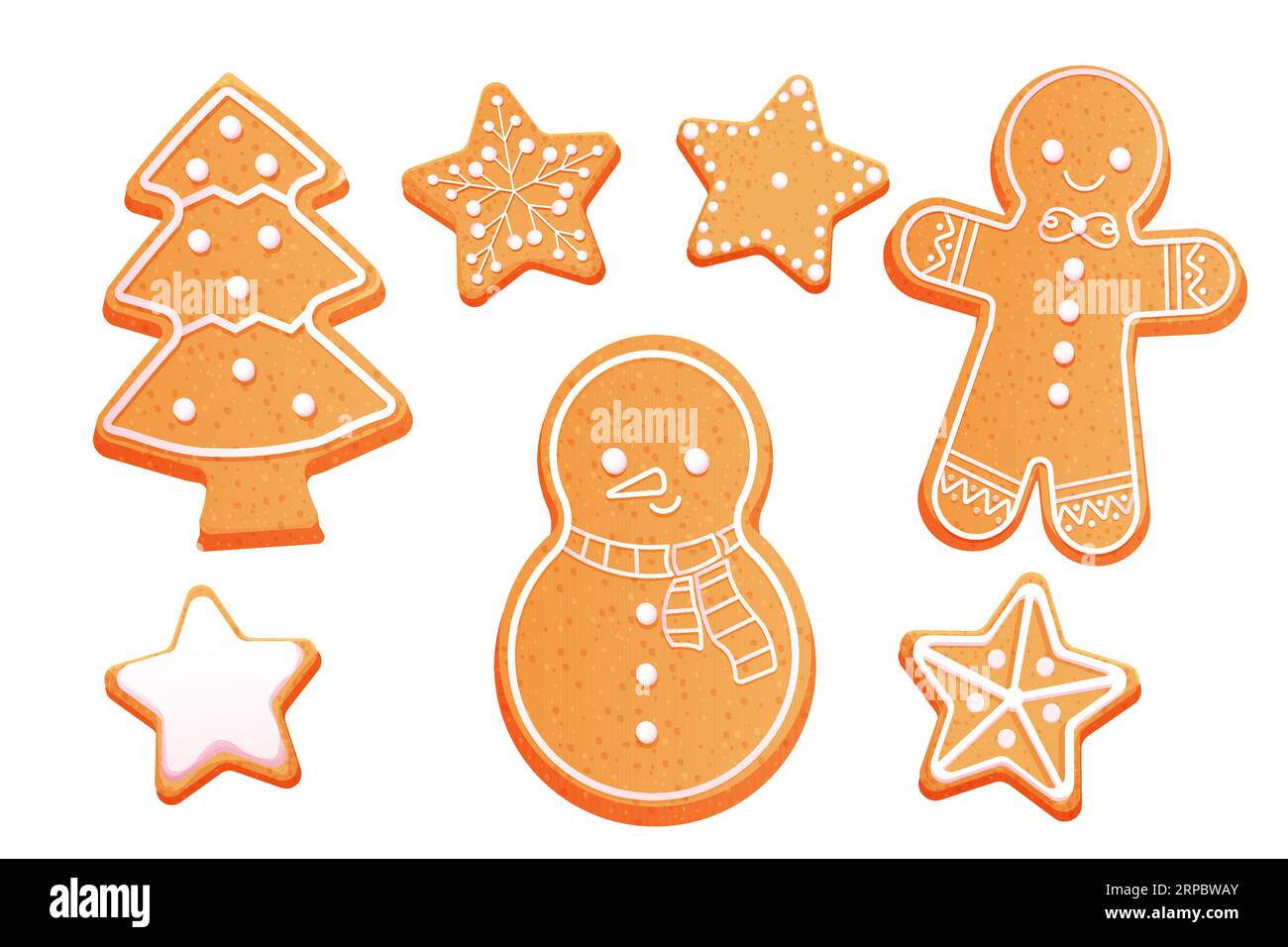 Gingerbread set cute snowman and christmas tree with icing decoration, seasonal dessert, cookies in cartoon style isolated on white background. Vector illustration Stock Vector