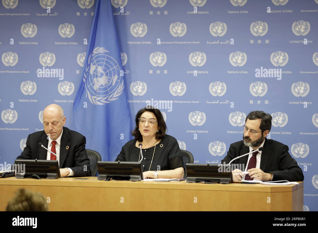 (190617) -- UNITED NATIONS, June 17, 2019 -- John Wilmoth, Director of the Population Division of the UN Department of Economic and Social Affairs (UNDESA), Maria-Francesca Spatolisano, Assistant Secretary-General for Policy Coordination and Inter-Agency Affairs in UNDESA, and Patrick Gerland, Chief of the Population Estimates and Projections Section of the Population Division of UNDESA (from L to R), brief journalists on the World Population Prospects 2019: Highlights, at the UN headquarters in New York, June 17, 2019. The world s population is expected to increase by 2 billion in the next 30 Stock Photo