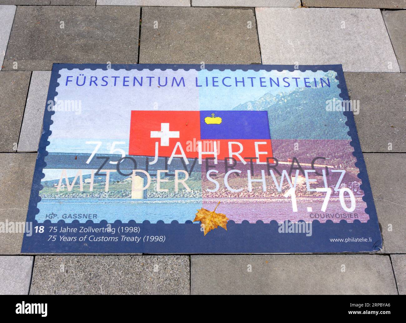 Liechtenstein stamp print on pedestrianised Städtle, Vaduz, Principality of Liechtenstein Stock Photo