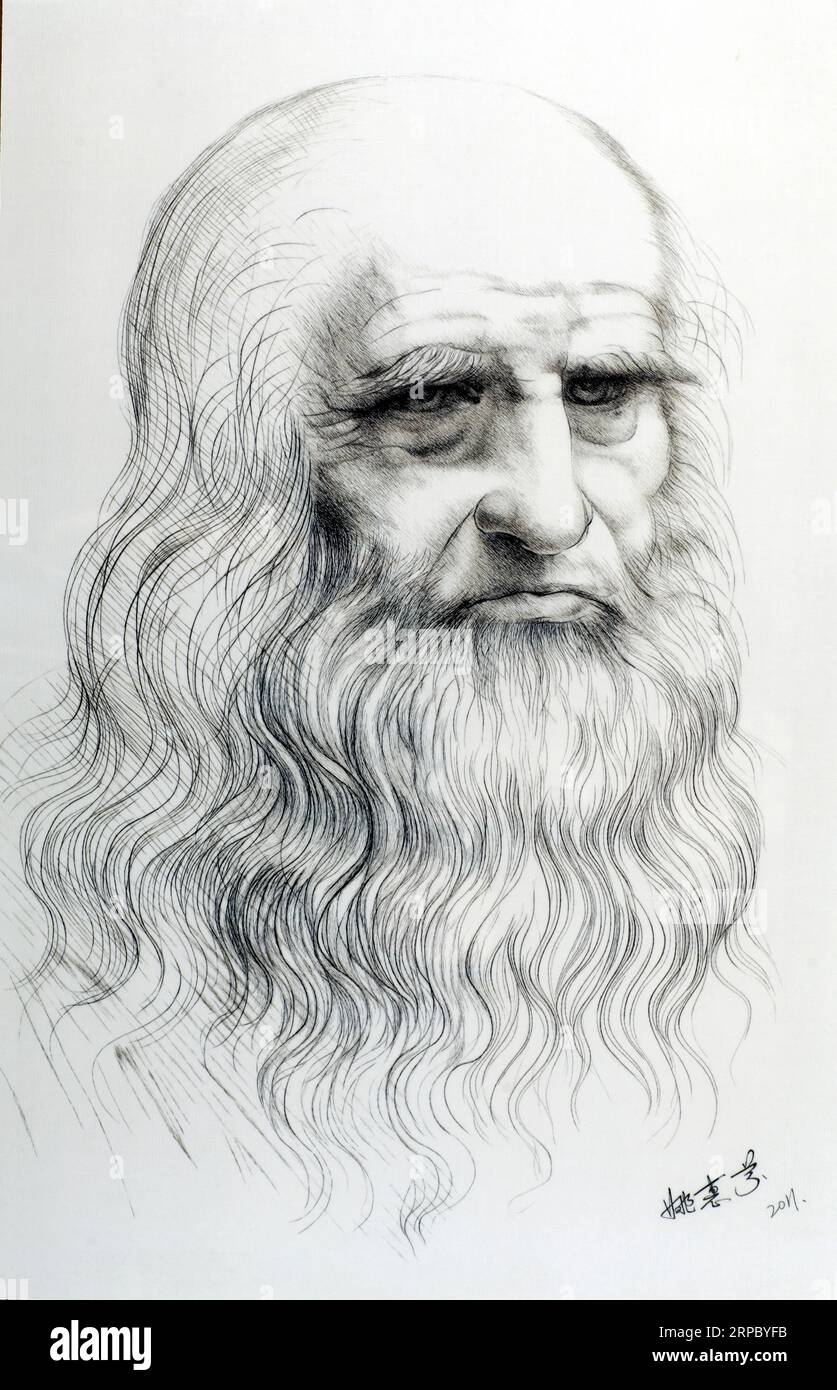 (190619) -- NANJING, June 19, 2019 (Xinhua) -- File photo taken in 2016 shows the Suzhou Embroidery work self portrait of Leonardo da Vinci by Yao Huifen. Suzhou Embroidery, one of the four most famous embroideries in China, is originated in Suzhou and has a history of more than 2,000 years. Known for its elegant pattern, artistic design, fine handwork and varied stitches, it was listed as a national intangible cultural heritage of China in 2006. Yao Huifen, representative inheritor of the craft, was born in Suzhou in 1967 in a family of embroidery. Influenced by her grandparents and parents s Stock Photo