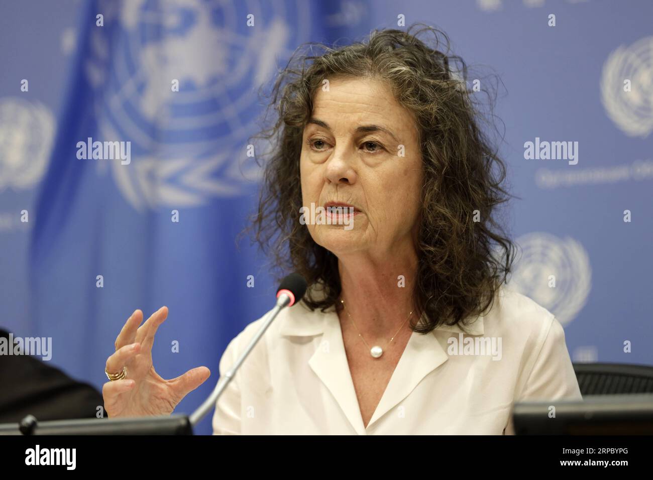 (190619) -- UNITED NATIONS, June 19, 2019 -- Ninette Kelley, Director of the New York Office of the United Nations High Commissioner for Refugees (UNHCR), briefs journalists at the UN headquarters in New York, June 19, 2019. Almost 70.8 million people were forcibly displaced in 2018, with a 2.3-million increase compared to the previous year, according to the annual Global Trends report released ahead of the World Refugee Day by the United Nations Refugee Agency. ) UN-UNHCR-PRESS BRIEFING LixMuzi PUBLICATIONxNOTxINxCHN Stock Photo