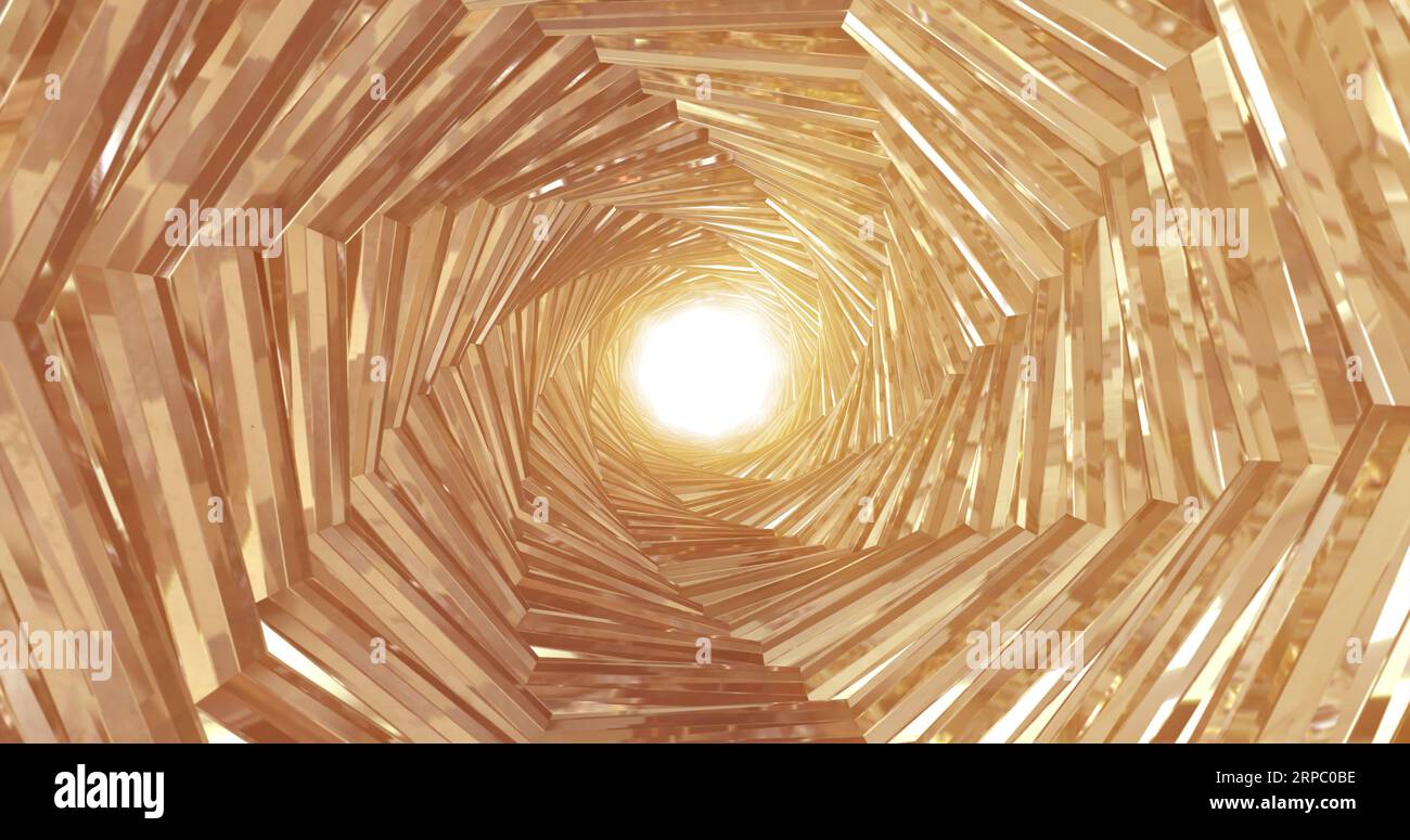 Octagon Rays A rotating golden metal tunnel with walls of ribs and lines in the form ...