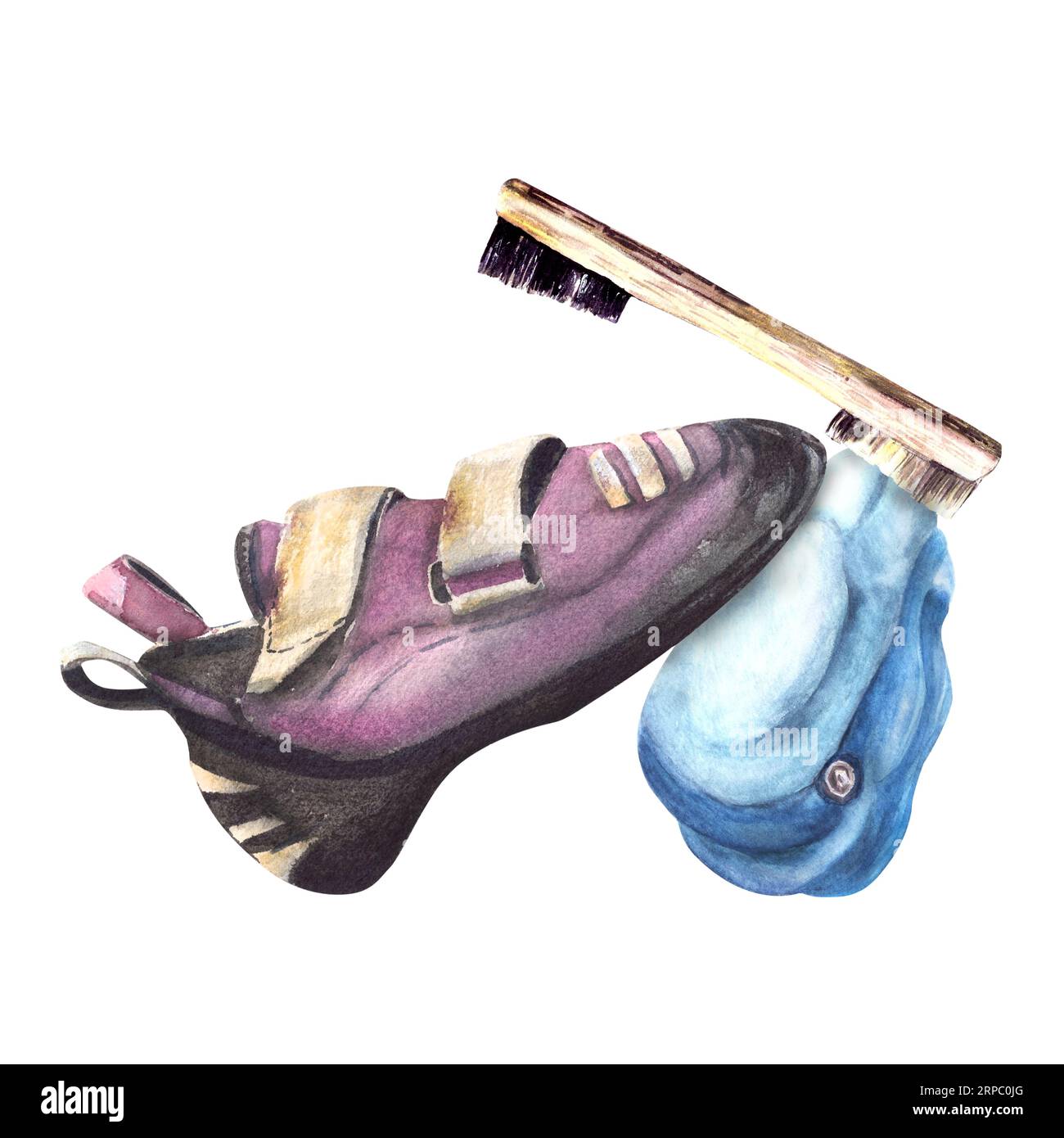 Climbing and bouldering equipment. Shoes, chalk brush, rock holder