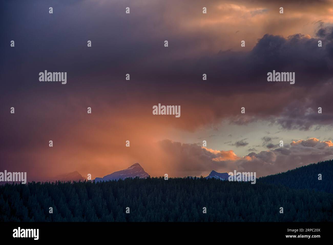 Sunrise over mountains, forest Stock Photo