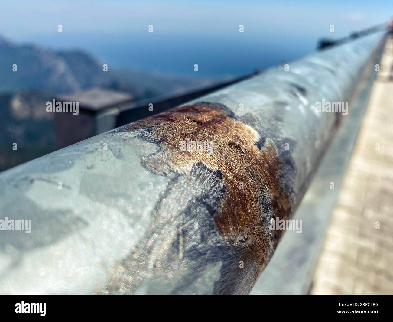 metal texture. observation deck with railings. the fence was corroded ...