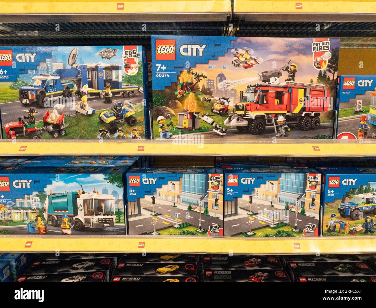 Lego City kits for sale  on shelves in a store. Copenhagen, Denmark - September 2, 2023. Stock Photo