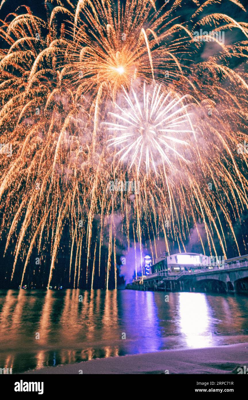 The firework display at night. BOURNEMOUTH; UK: EXTRAORDINARY images show exciting aerial displays from Bournemouth Air Festival over the weekend. It Stock Photo