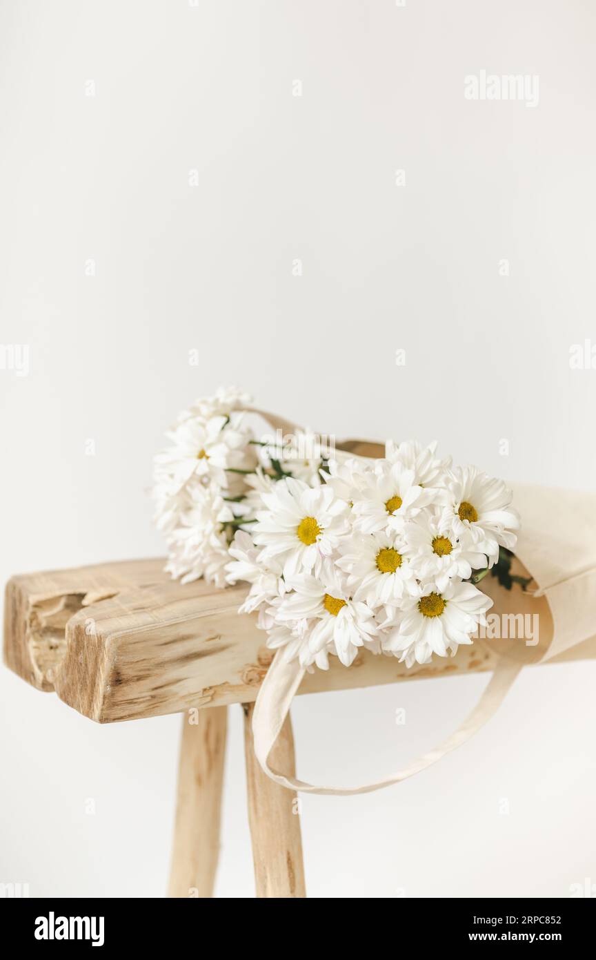 Daisy flower bouquet on natural wood bench on white background Stock Photo