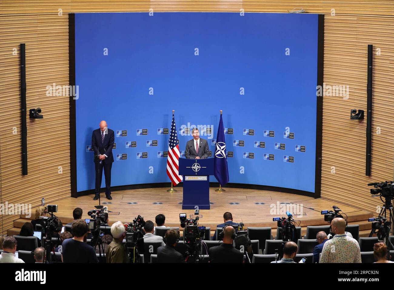 (190628) -- BRUSSELS, June 28, 2019 -- U.S. Acting Secretary of Defense Mark Esper attends a press conference after a NATO defense ministers meeting at NATO headquarters in Brussels, Belgium, on June 27, 2019. The two-day NATO defense ministers meeting closed on Thursday. ) BELGIUM-BRUSSELS-NATO-DEFENSE MINISTERS-MEETING-PRESS CONFERENCE ZhangxCheng PUBLICATIONxNOTxINxCHN Stock Photo