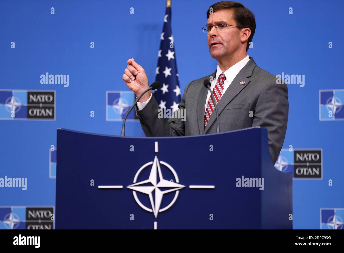 (190628) -- BRUSSELS, June 28, 2019 -- U.S. Acting Secretary of Defense Mark Esper speaks during a press conference after a NATO defense ministers meeting at NATO headquarters in Brussels, Belgium, on June 27, 2019. The two-day NATO defense ministers meeting closed on Thursday. ) BELGIUM-BRUSSELS-NATO-DEFENSE MINISTERS-MEETING-PRESS CONFERENCE ZhangxCheng PUBLICATIONxNOTxINxCHN Stock Photo