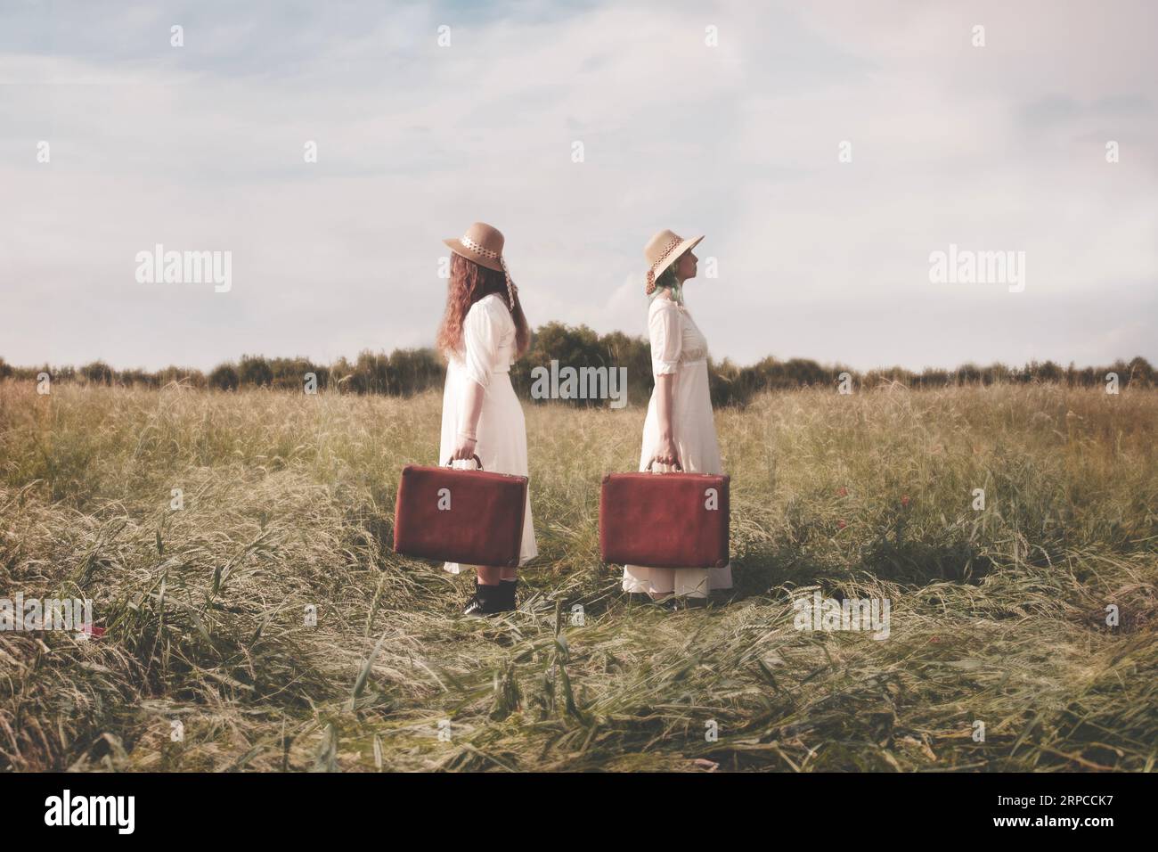 two surreal female travelers dressed alike with suitcase shoulder to shoulder leave for two opposite destinations, abstract concept Stock Photo