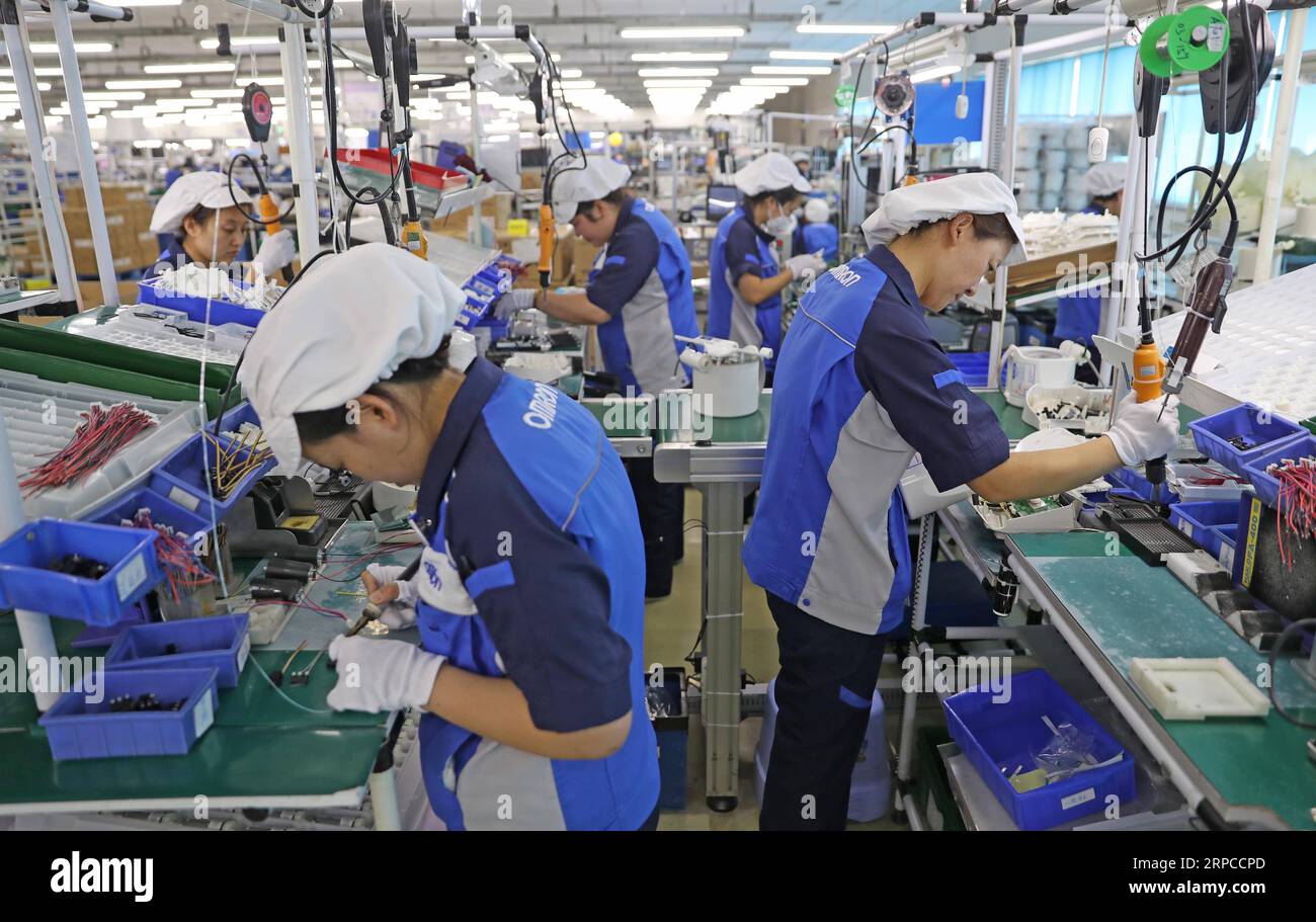 (190701) -- DALIAN, July 1, 2019 -- Workers are seen at a workshop of OMRON Dalian Co., Ltd. in Dalian, northeast China s Liaoning Province, March 21, 2019. The 2019 Summer Davos Forum is held from July 1-3 in northeast China s coastal city of Dalian. Established by the World Economic Forum in 2007, the forum is held annually in China, alternating between the two port cities of Dalian and Tianjin. Summer Davos has been reshaping the landscape of Dalian s regional economy and strengthening the port s trade with other markets. Dalian has become an international city and a showpiece of China s re Stock Photo