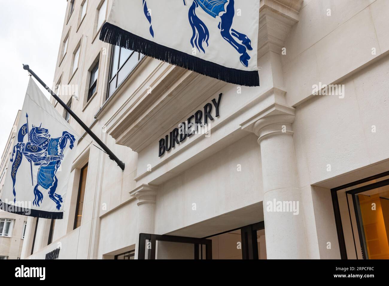 London, United Kingdom. August 2nd 2023 Burberry. Luxury Brand Store Front. Shopping in New Bond Street, London, England. Stock Photo