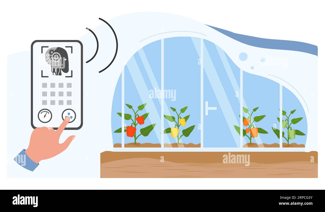 Person controls smart agricultural greenhouse system by digital device Vector illustration