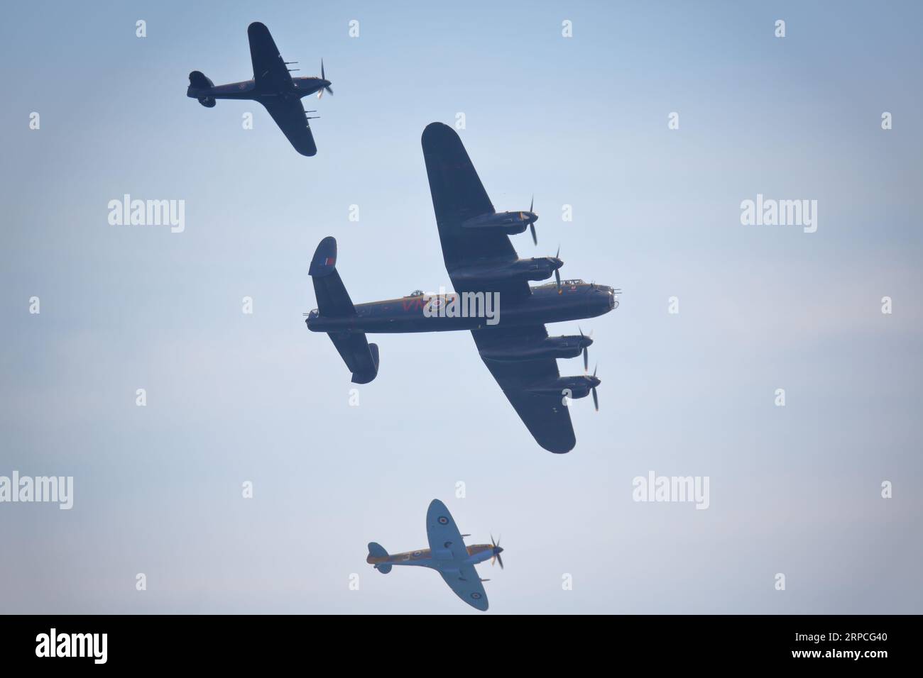 The BBMF displaying a Lancaster, Spitfire and Hurricane at the Bournemouth Air Festival 2023, Bournemouth, UK Stock Photo