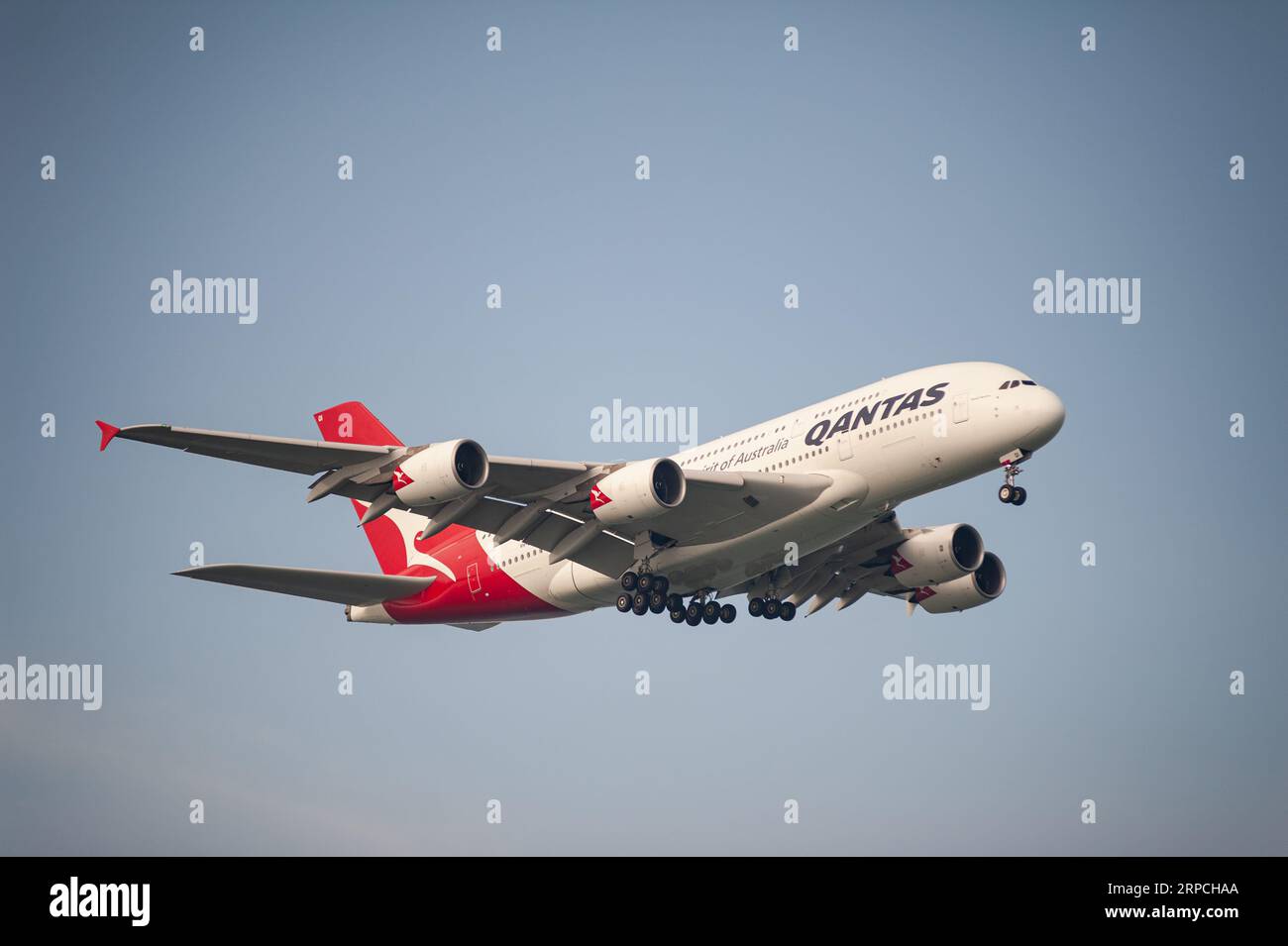02.08.2023, Singapore, Republic of Singapore, Asia - Airbus A380-800 passenger jet of Australian airline Qantas Airways approaches Changi Airport. Stock Photo