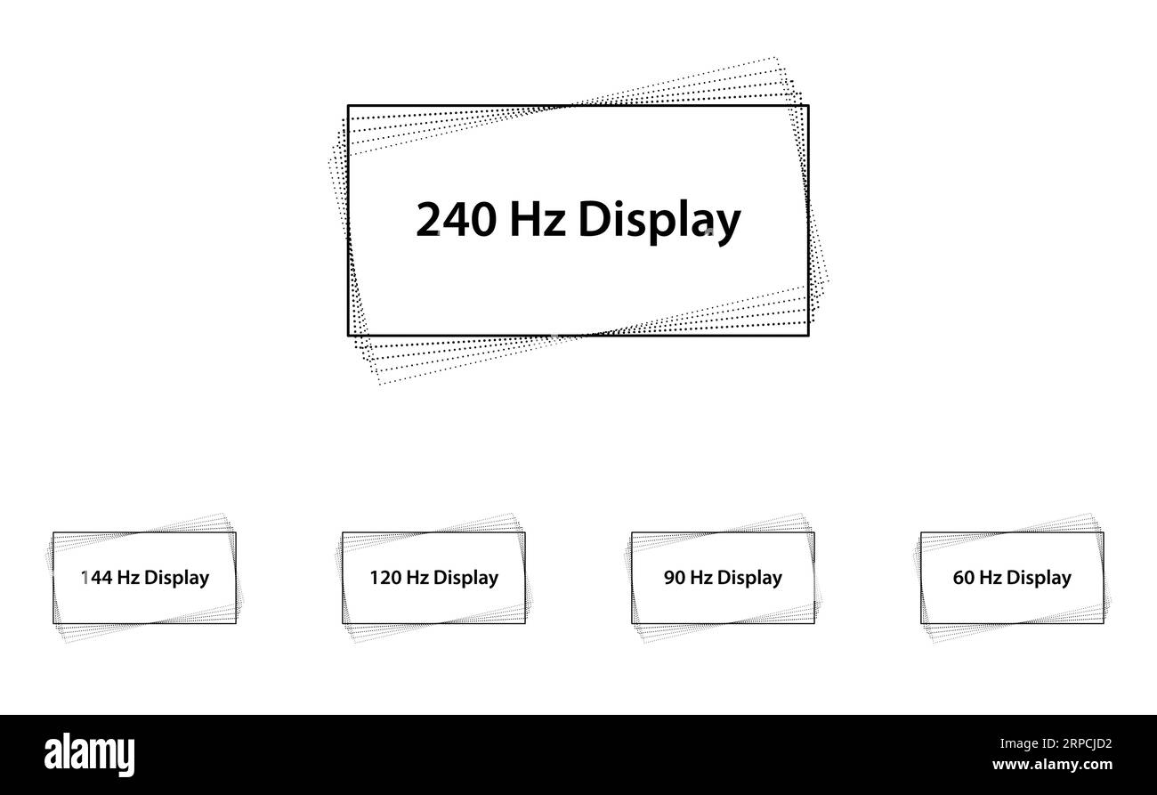 60 hz, 90 hz, 120 hz, 144 hz and 240 hz mobile or monitor display refresh rate icons Stock Vector