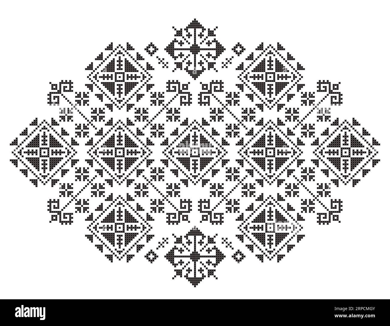 Balkan folk art vector pattern styled as traditional Zmijanje embroidery design from Bosnia and Herzegovina, unique ethnic ornament in black and white Stock Vector