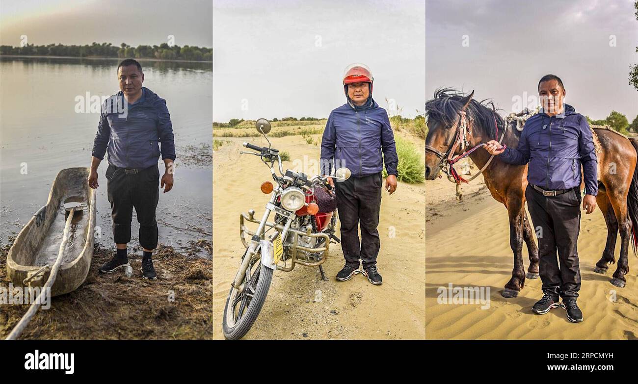 (190709) -- YULI, July 9, 2019 -- This combo photo shows forest ranger Eli Niyaz with different patrol means in Yuli County, northwest China s Xinjiang Uygur Autonomous Region. Wriggling along the rim of the Taklimakan desert, the 1,321-km-long Tarim River in northwest China s Xinjiang Uygur Autonomous Region nurtures the largest area of populus euphratica forests in the world. As local government launched a project on populus euphratica forest restoration along the Tarim River three years ago, the vegetation has been increasing and forest rangers have been playing a more and more important ro Stock Photo