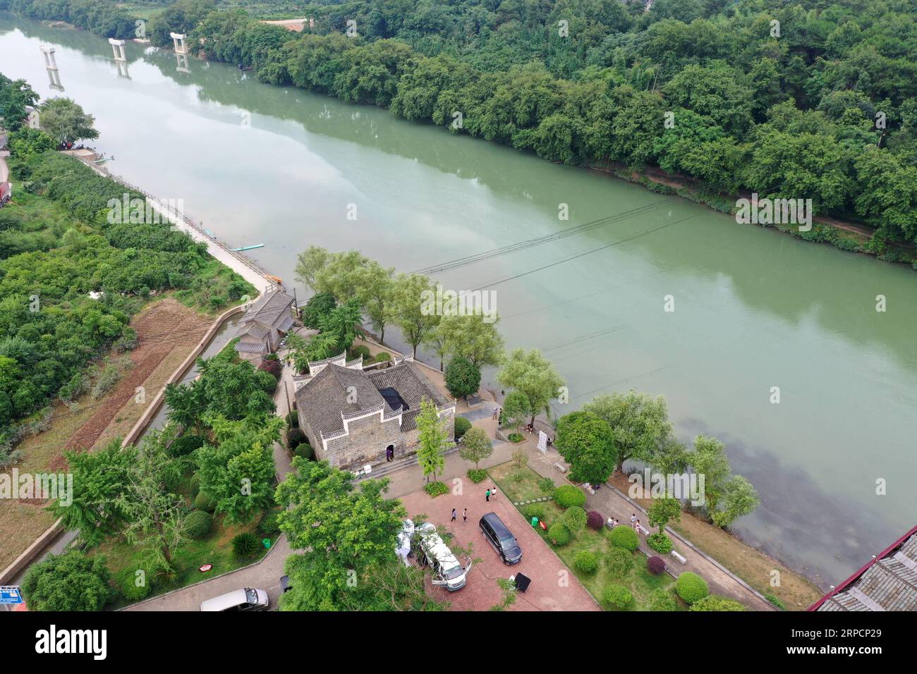 (190710) -- XING AN, July 10, 2019 -- Aerial photo taken on June 29, 2019 shows the Sanguantang building complex which once served as the Red Army s command headquarters during the 1934 Battle of Xiangjiang in Jieshou Town of Xing an County, south China s Guangxi Zhuang Autonomous Region. Memorial halls and martyrs cemeteries are springing up in many revolutionary places over the past few years, especially those along the Long March route. Visitors from all over China come to these memorials, reconnecting with history, reclaiming the Long March spirit and adding more momentum to the red touris Stock Photo