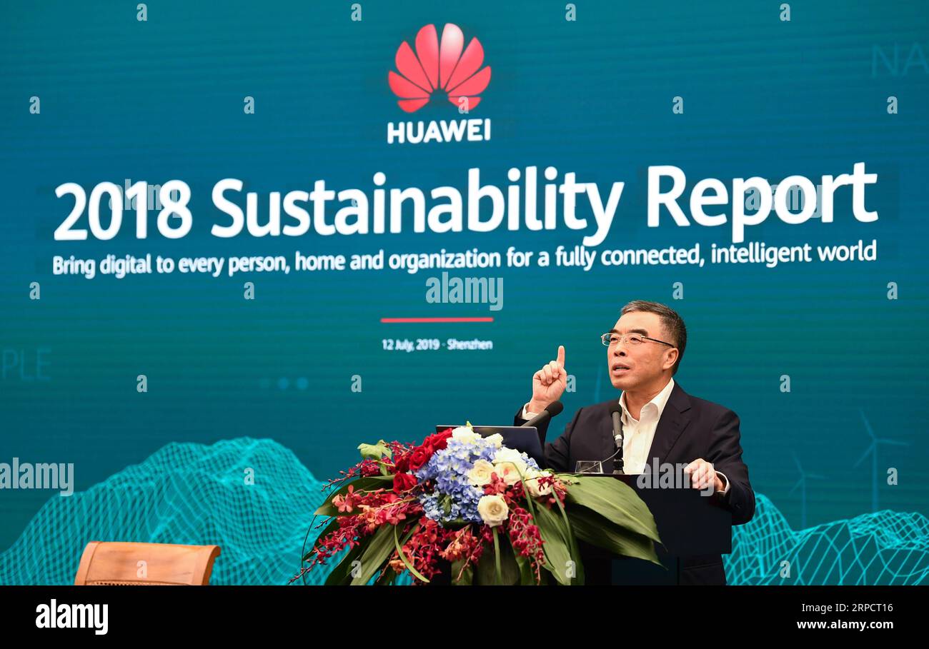 (190712) -- SHENZHEN, July 12, 2019 -- Liang Hua, chairman of the board of Chinese tech giant Huawei, speaks at the company s headquarters in Shenzhen, south China s Guangdong Province, July 12, 2019. Liang Hua expressed optimism about the company s sustainable development on Friday, despite various obstacles and challenges it now faces. Huawei on Friday released a report on its sustainable development, detailing the company s efforts to bring digital technology to customers around the globe for a fully connected, intelligent world. ) CHINA-SHENZHEN-HUAWEI-REPORT-RELEASE (CN) DengxHua PUBLICAT Stock Photo