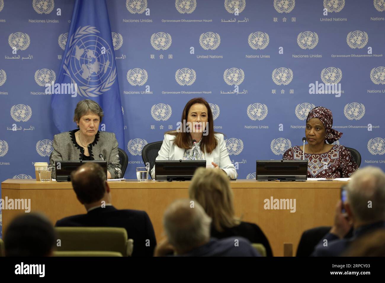 (190715) -- UNITED NATIONS, July 15, 2019 -- Former Prime Minister of New Zealand Helen Clark, United Nations General Assembly (UNGA) President Maria Fernanda Espinosa Garces and Executive Director of UN Women Phumzile Mlambo-Ngcuka (from L to R) attend a press briefing on gender equality and women s leadership for a sustainable world, at the UN headquarters in New York, July 15, 2019. UN General Assembly President Maria Fernanda Espinosa Garces on Monday called on the international community to support women s rights and empowerment. ) UN-UNGA PRESIDENT-GENDER EQUALITY-WOMEN S LEADERSHIP-PRES Stock Photo