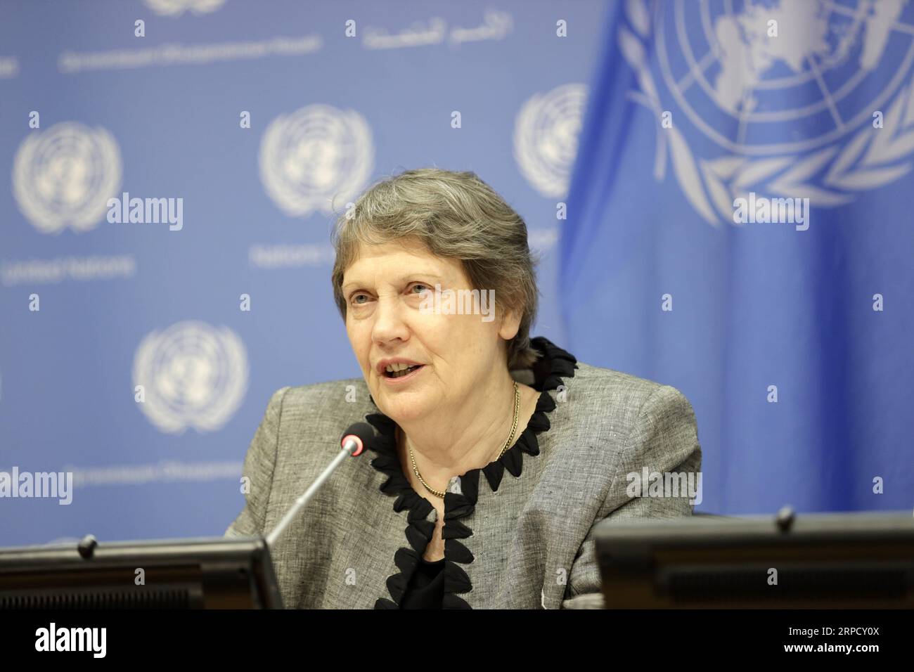 (190715) -- UNITED NATIONS, July 15, 2019 -- Former Prime Minister of New Zealand Helen Clark speaks to journalists during a press briefing on gender equality and women s leadership for a sustainable world, at the UN headquarters in New York, July 15, 2019. UN General Assembly President Maria Fernanda Espinosa Garces on Monday called on the international community to support women s rights and empowerment. ) UN-UNGA PRESIDENT-GENDER EQUALITY-WOMEN S LEADERSHIP-PRESS BRIEFING LixMuzi PUBLICATIONxNOTxINxCHN Stock Photo