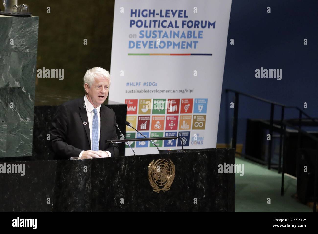 (190716) -- UNITED NATIONS, July 16, 2019 -- British screenwriter, producer and film director Richard Curtis addresses the opening ceremony of the High-level Segment of the Economic and Social Council (ECOSOC) Ministerial Segment of the High-level Political Forum on Sustainable Development at the UN headquarters in New York, July 16, 2019. United Nations Secretary-General Antonio Guterres said Tuesday that shifting to a greener economy could create 24 million jobs globally by 2030. ) UN-ECOSOC-HIGH-LEVEL POLITICAL FORUM-SUSTAINABLE DEVELOPMENT LixMuzi PUBLICATIONxNOTxINxCHN Stock Photo