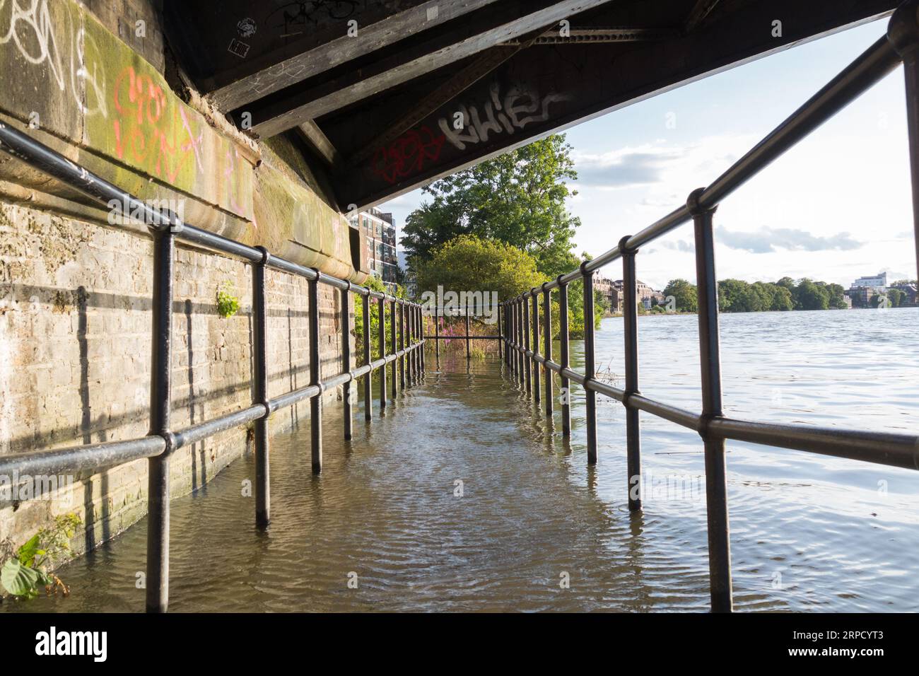 High tide on the River Thames underneath Barnes Railway Bridge, The Terrace, Barnes, London, SW13, England, U.K. Stock Photo