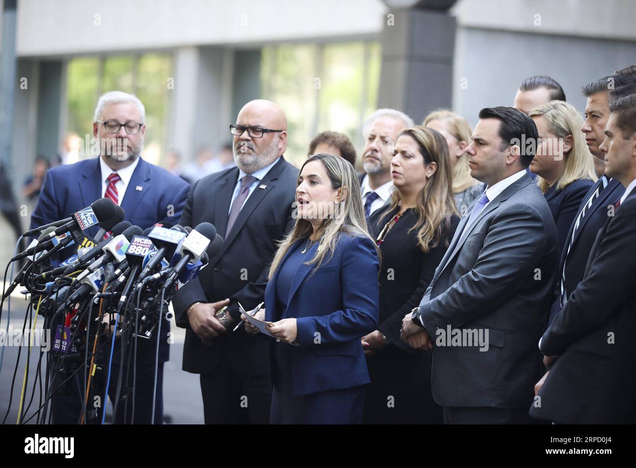 (190717) -- NEW YORK, July 17, 2019 -- Ariana Fajardo Orshan (C), the United States Attorney for the Southern District of Florida, makes a statement outside a federal court in New York City s Brooklyn borough, the United States, July 17, 2019. U.S. judges have sentenced Mexican drug kingpin Joaquin El Chapo Guzman to life in prison, according to a court hearing here on Wednesday. ) U.S.-NEW YORK-MEXICAN DRUG LORD-GUZMAN-SENTENCE WangxYing PUBLICATIONxNOTxINxCHN Stock Photo